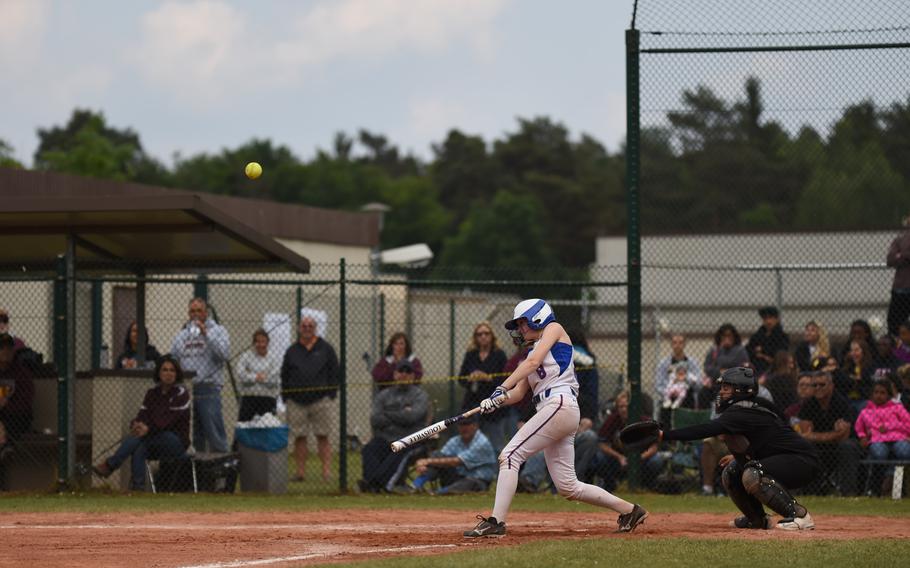 Ramstein sophomore Sarah Wilhite dings one into deep right for a single and an RBI in the Royals' 7-6 win over Vilseck for the 2015 DODDS-Europe Division I softball title.