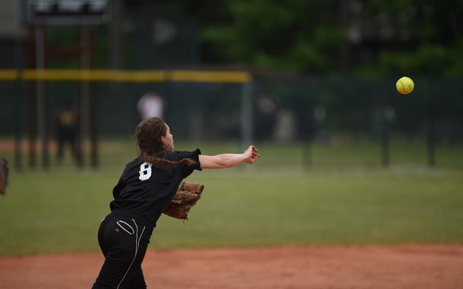 Vilseck shortstop Isabella Brasi throws out a runner at first in the Falcons' 7-6 loss to Ramstein in the DODDS-Europe Division I softball title game.