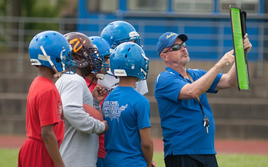 Ansbach's coach Marcus George runs through a play with some of the younger athletes that attended a football camp geared toward honing fundamental skills. George, along with Vilseck's coach Jim Hall and Hohenfels' coach Larry Daffin ran the daylong camp at Ansbach, June 13, 2015. 