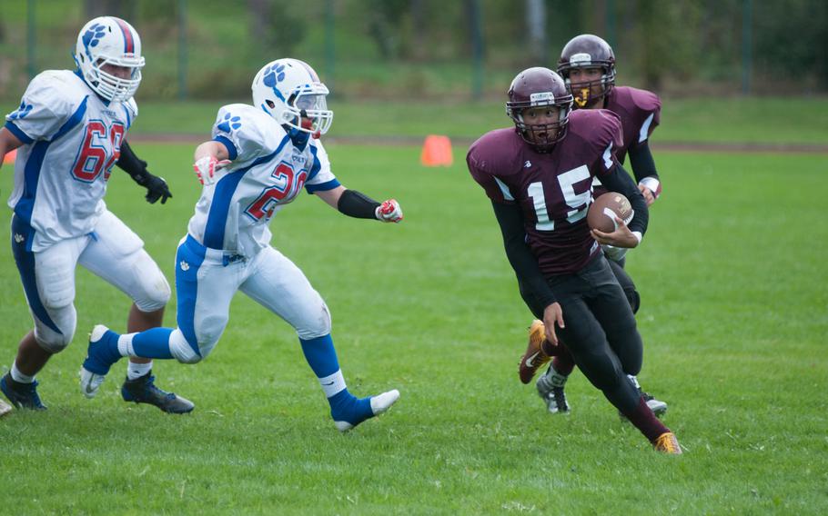 The Falcons' Jacolby Town put on an impressive show against Ramstein during the DODDS-Europe Division I season opener Saturday, Sept. 19, 2015. Town rushed for 144 yards and a touchdown as the Falcons tied the Royals, 7-7. 