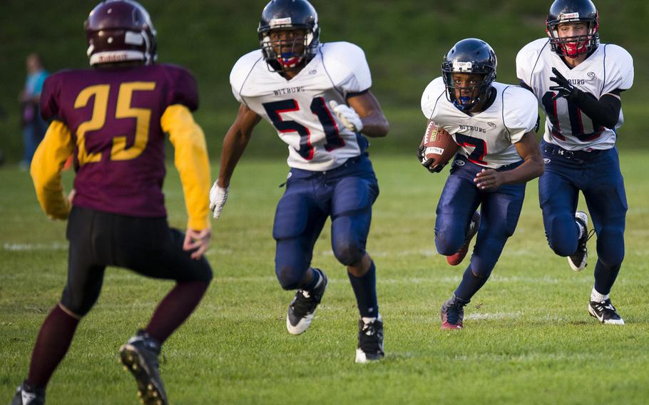 Bitburg's DeJhon Williams runs the ball during a football game in Baumholder, Germany, Friday, Sept. 25, 2015. The visiting Bitburg Barons defeated the Baumholder Bucs 46-0.