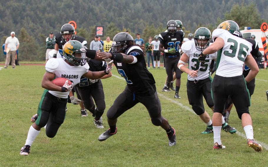 Alconbury Dragon Adarius Gallon had 15 carries for 87 yards in his team's loss to the Hohenfels Tigers during the second game of the 2015 DODDS-Europe Division II football season, Sept. 26, 2015. 