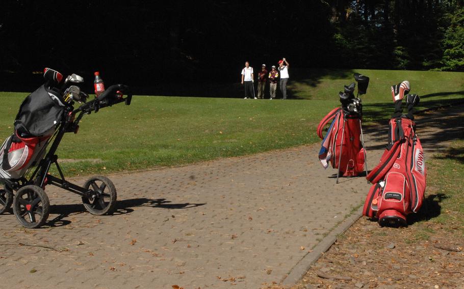 A foursome tees off during a three-school DODDS-Europe golf meet Thursday, Oct. 1, 2015, at Woodlawn Golf Course on Ramstein Air Base, Germany.  The meet was the last of the three-week regular season. 