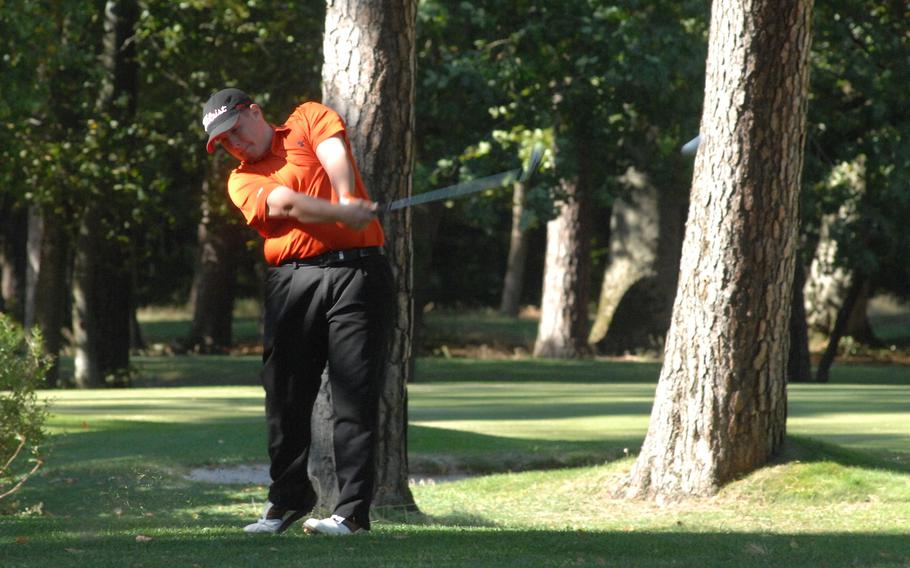 AFNORTH's Michael Yasenchak tees off during a three-school DODDS-Europe golf meet Thursday, Oct. 1, 2015, at Woodlawn Golf Course on Ramstein Air Base, Germany.  The meet was the last of the three-week regular season.