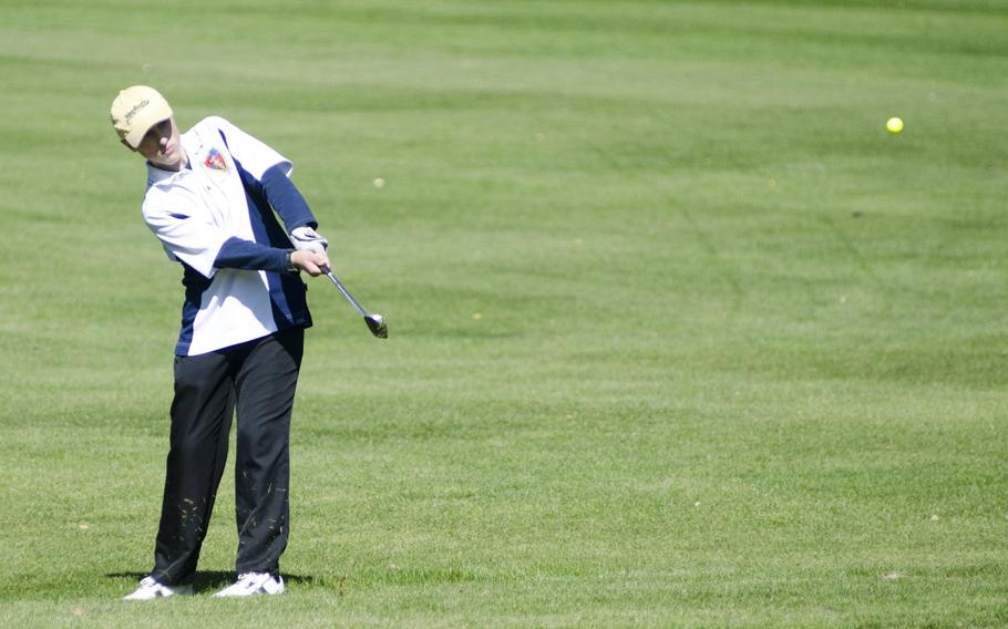 Jonathan Ciero of Ramstein hits an approach shot during a golf tournament at Rheinblick golf course in Wiesbaden Thursday, Oct. 1, 2015. Golfers from Ramstein, Stuttgart, Bitburg and Wiesbaden got a sneak preview of the course, which will also be host to next week's European championships.