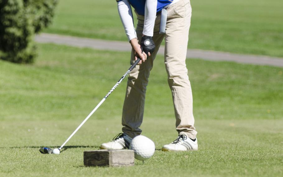 Jarred Edwards of Wiesbaden prepares to hit a drive during a golf tournament Thursday, Oct. 1 at Rheinblick golf course in Wiesbaden. Edwards and his Wiesbaden teammates faced off against competition from Stuttgart, Ramstein and Bitburg ahead of next week's European championships, also at Rheinblick.