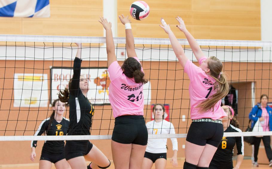 Stuttgart beat previously undefeated Wiesbaden, 25-21, 25-20 and 25-16, during a DODDS-Europe Division I girls volleyball tournament held at Vilseck, Germany, Oct. 17, 2015. 