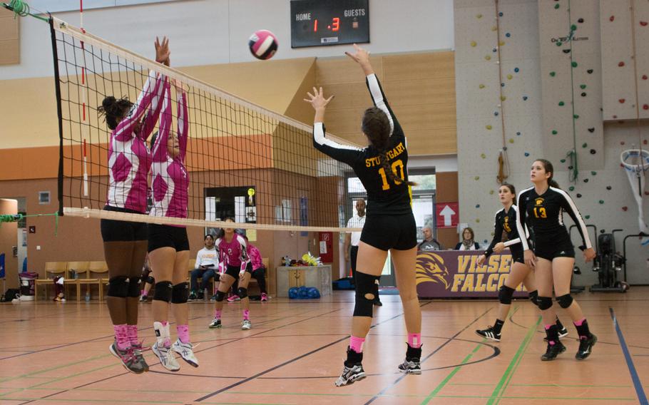 Stuttgart beat Vilseck, 25-11, 25-14 and 25-5, during a DODDS-Europe Division I girls volleyball tournament held at the Falcons' home court in Vilseck, Germany, Oct. 17, 2015. 
