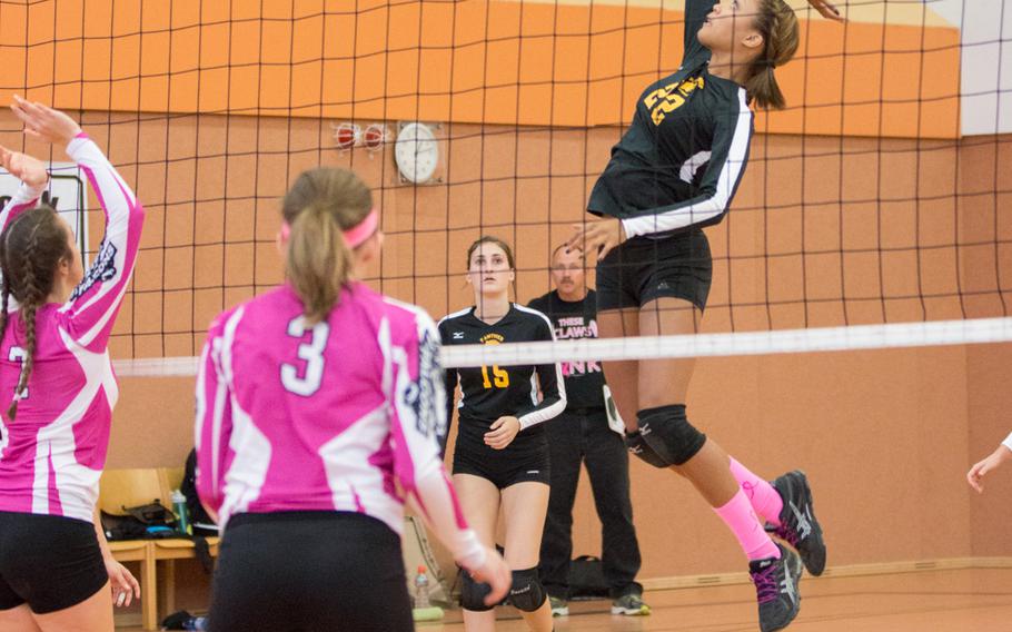 Stuttgart's Demoria Maddox goes up for the kill during the Panthers victory over Vilseck during a DODDS-Europe Division I girls volleyball tournament at Vilseck, Germany, Oct. 17, 2015. 