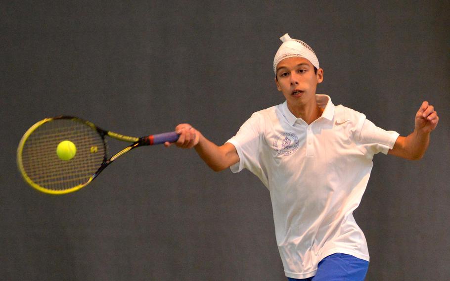 Marymount's Matteo Bagnetti returns an ISB shot in the boys doubles final at the DODDS-Europe tennis championships in Wiesbaden, Germany, Saturday, Oct. 31, 2015. Bagnetti and partner Mathias Mingazzini lost the match to ISB's Peter Fitzgerald and Felix Sandrup Selvik 6-2, 6-4.