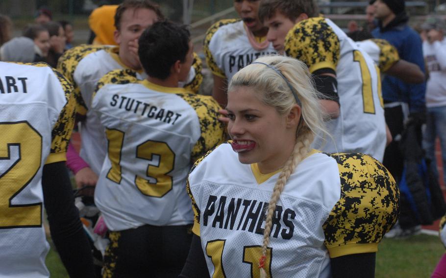 Stuttgart kicker Kat Farrar celebrates after the Stuttgart Panthers' 10-8 defeat of the Ramstein Royals on Saturday, Oct. 31, 2015. Farrar made a game-winning 22-yard field goal.