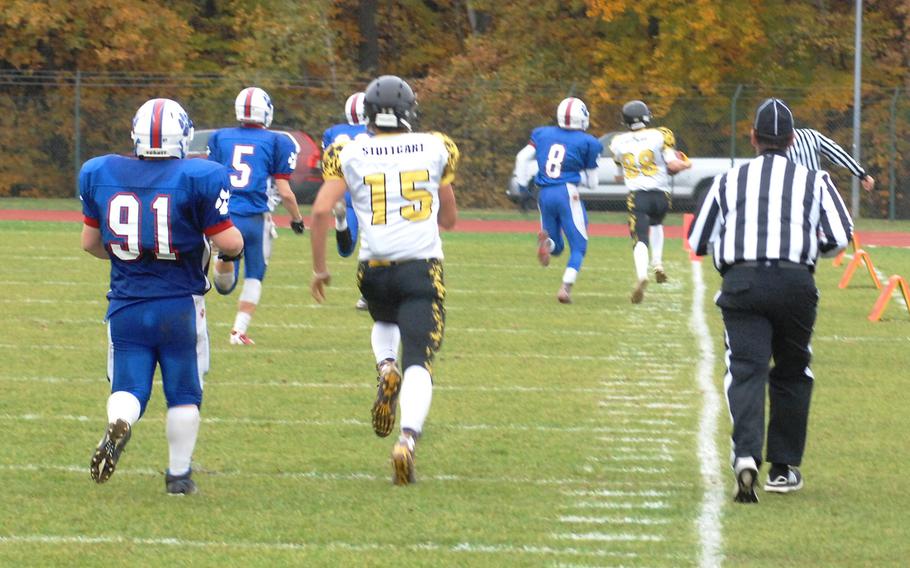 Stuttgart's Sean Loeben races for the end zone with Ramstein's Brendan Hicks in pursuit in the Stuttgart Panthers' 10-8 defeat of the Ramstein Royals on Saturday, Oct. 31, 2015. Loeben reached the 5-yard line, setting up the game-winning field goal by teammate Kat Farrar.