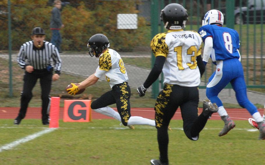 Stuttgart receiver Sean Loeben crosses the goal line with the only touchdown of the first half in the Panthers' 10-8 defeat of the Ramstein Royals on Saturday, Oct. 31, 2015. 