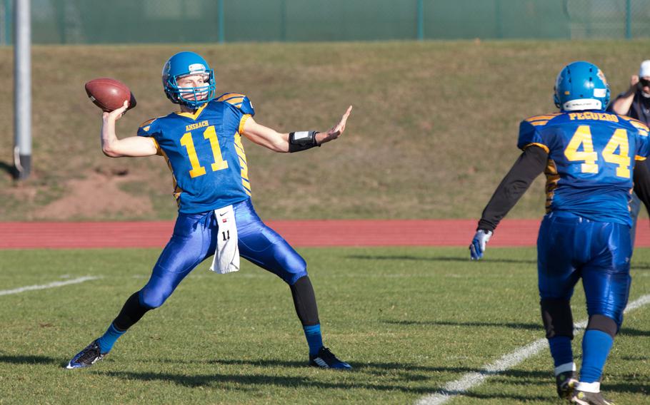 Ansbach's Bailey Ward chucked two touchdown passes as the Cougars rolled passed Bitburg during the DODDS-Europe Division II semifinals held at Ansbach, Oct. 31, 2015.