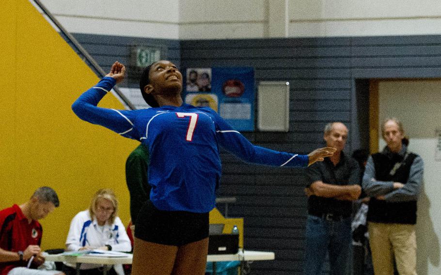 Ramstein's Denee Lawrence serves the ball to Vilseck during a DoDDS-Europe championship tournament match at Ramstein Air Base, Germany, on Thursday, Nov. 5, 2015. Ramstein defeated Vilseck 25-14 and 25-16.