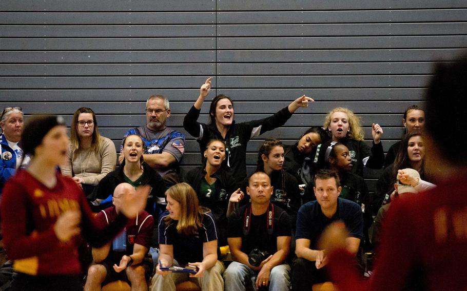 Spectators cheer during the Vilseck Falcons and Ramstein Royals match at Ramstein Air Base, Germany, on Thursday, Nov. 5, 2015. Ramstein defeated Vilseck 25-14 and 25-16. 