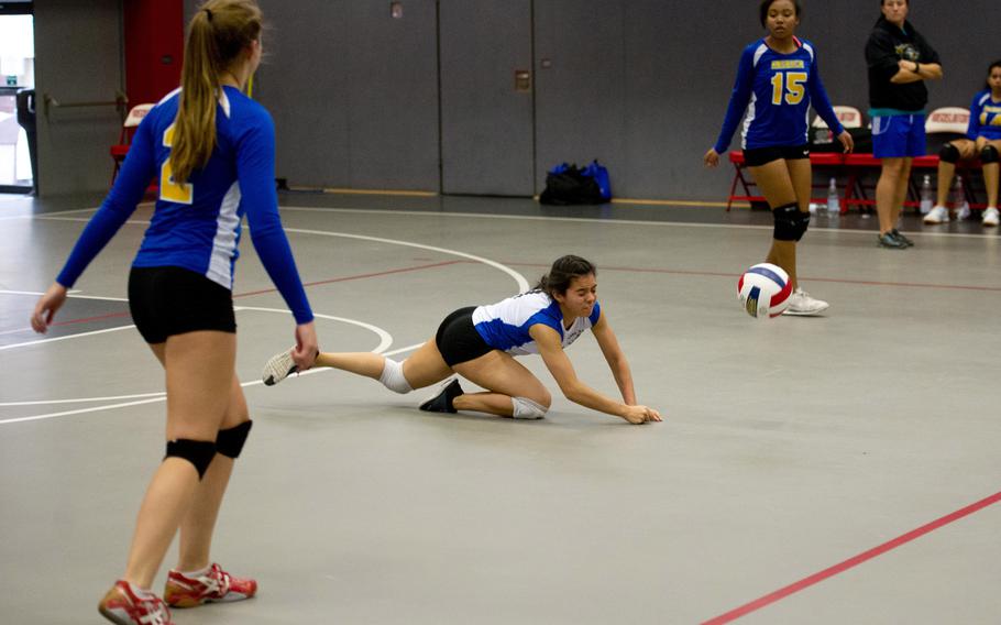 Ansbach Cougar Eliana Vargas dives for the ball during a DODDS-Europe championship tournament match at Vogelweh, Germany, on Friday, Nov. 6, 2015. The Cougars lost to the Sigonella Jaguars 25-12, 25-15. 