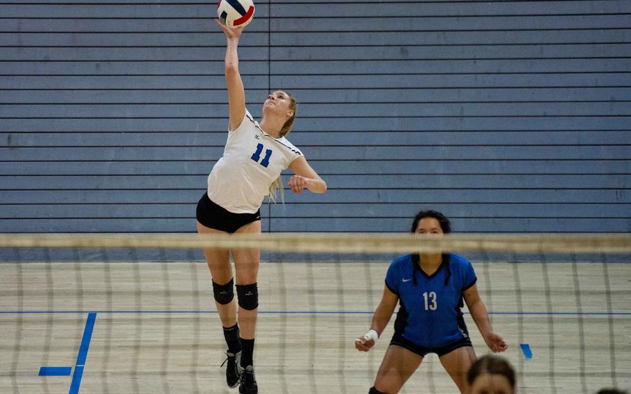 Rota Admiral Janae Curtice serves the ball during a DODDS-Europe championship semifinal set at Ramstein Air Base, Germany, on Friday, Nov. 6, 2015. The Admirals defeated the Black Forest Academy Falcons 25-20, 25-10 and 25-11.