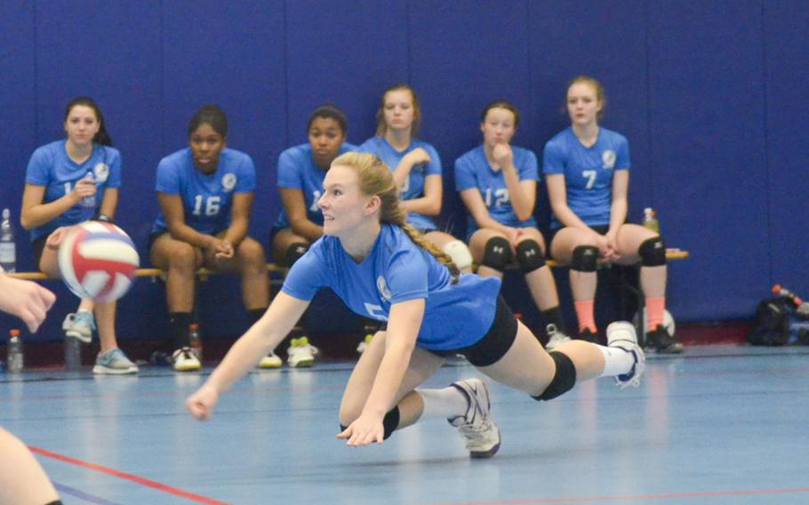 Elisabeth Hendrix, a senior setter from Vilseck, digs out a serve during the inaugural DODDS-Europe volleyball all star game Saturday, Nov. 14, 2015 at Ramstein Air Base, Germany. 