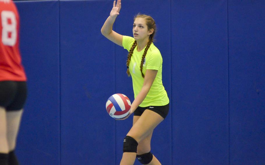 Sierra Dye, a junior libero from Naples, prepares to hit a serve during the inaugural DODDS-Europe volleyball all star game Saturday, Nov. 14, 2015, at Ramstein Air Base, Germany.