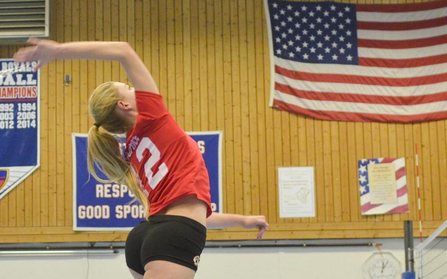 Janae Curtice, a senior outside hitter from Rota, spikes the ball during the inaugural DODDS-Europe volleyball all star game Saturday, Nov. 14, 2015, at Ramstein Air Base, Germany.