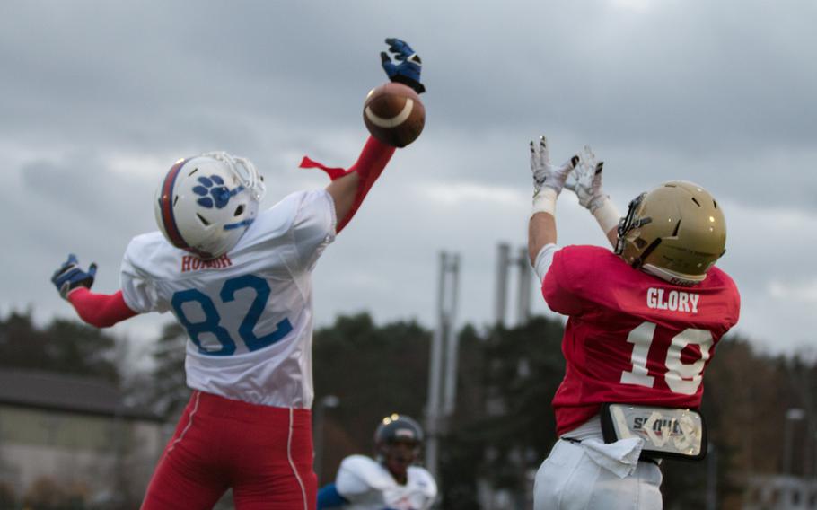 Kyle Glenn deflects a pass before Keyshawn Green can get a hand on it during the 2015 DODDS-Europe football all-star game held in Kaiserslautern, Germany, Saturday, Nov. 14, 2015.