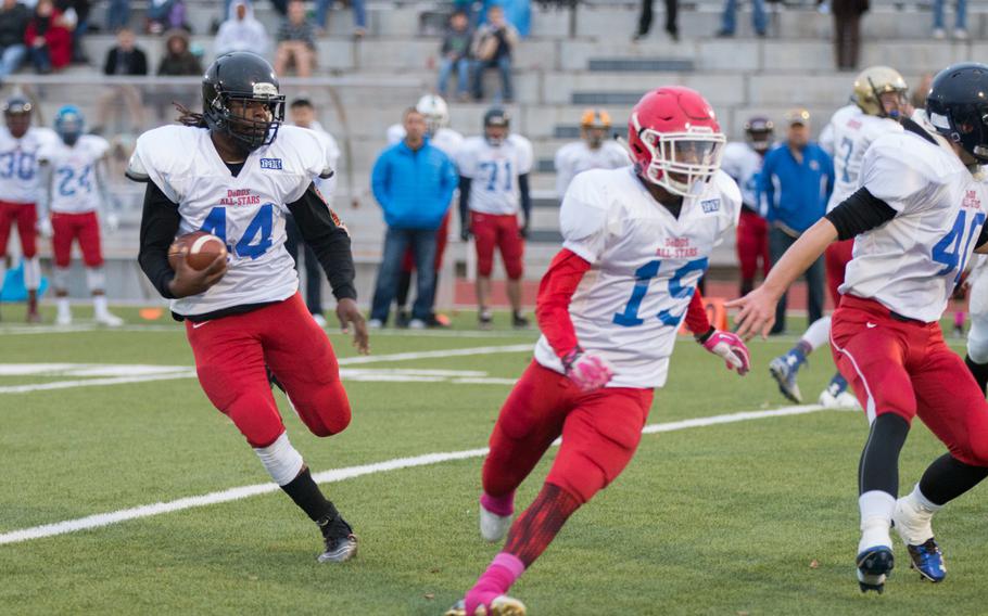 Team Honor's Tony Saintmelus returned full-force to the field on Saturday as his squad took on a collective group of some of DODDS-Europe's best football players during the 2015 all-star game held in Kaiserslautern, Germany, Saturday, Nov. 14, 2015. 