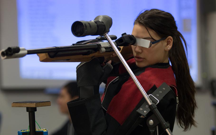 Victoria Banister, a Vilseck sharpshooter, uses a blinder to cover her non-shooting eye. Banister shot 251 during the third conference match of the 2016 DODDS-Europe marksmanship season held at Vilseck, Germany, Saturday, Jan. 9, 2016. 