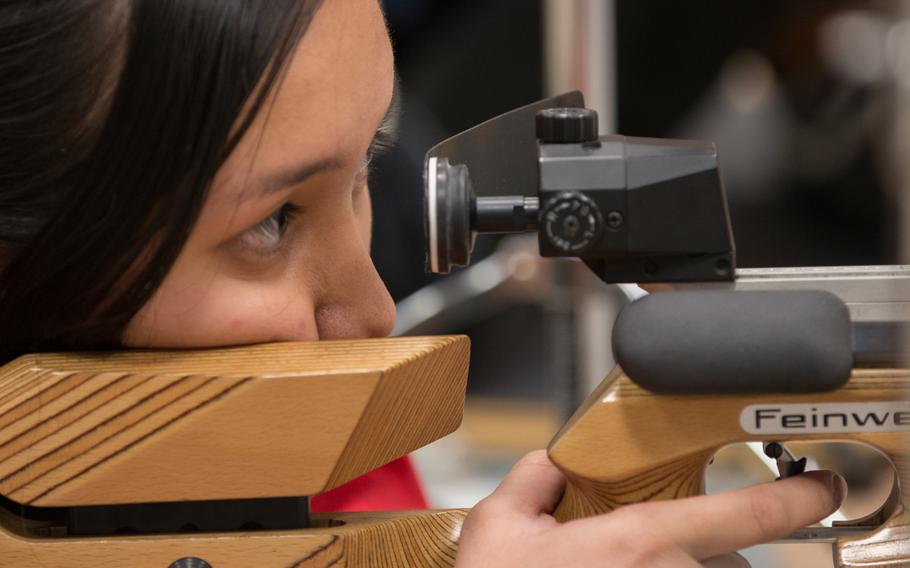 Vilseck's Mikaela Motherwell, a freshman shooter, takes aim during the third eastern conference match of the 2016 DODDS-Europe marksmanship season held at Vilseck, Germany, Saturday, Jan. 9, 2016. Motherwell was one of the top shooters on the day with 264.