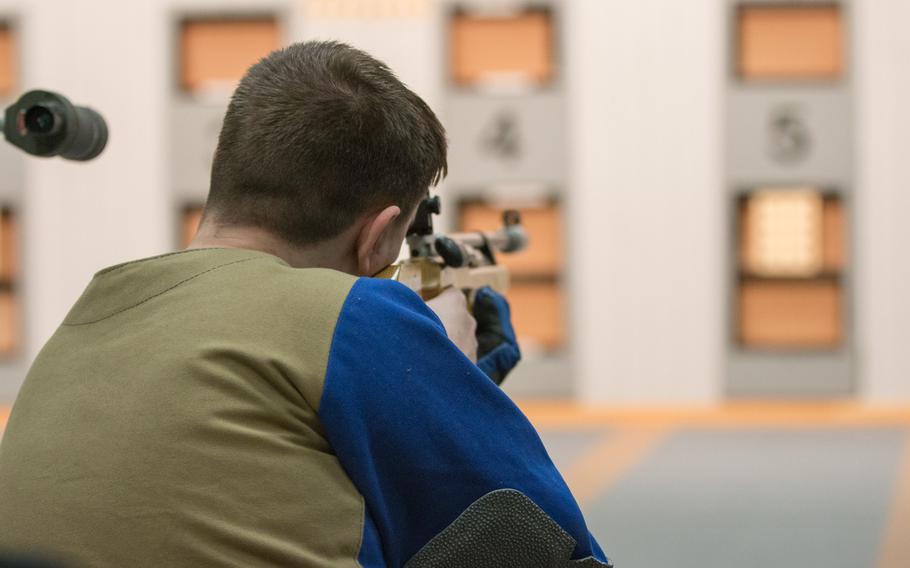 Vicenza's Jordan Snodgrass zeros his rifle during the early stages of the third eastern conference match of the 2016 DODDS-Europe marksmanship season held at Vilseck, Germany, Saturday, Jan. 9, 2016. 