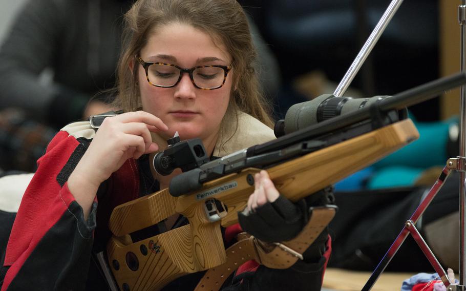 Tyler Prosser, a sophomore shooter for Vilseck, loads her rifle during the third eastern  conference match of the 2016 DODDS-Europe marksmanship season held at Vilseck, Germany, Saturday, Jan. 9, 2016. 