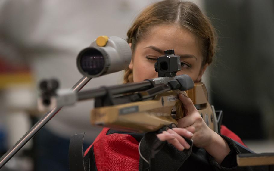 Vilseck's Shelby Hartmann was the top shooter of the day, scoring 268 during the third eastern conference match of the 2016 DODDS-Europe marksmanship season held at Vilseck, Germany, Saturday, Jan. 9, 2016. 