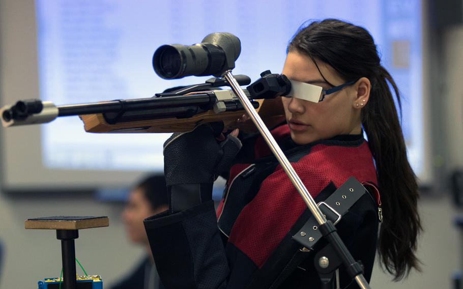 Victoria Banister, a Vilseck sharpshooter, uses a blinder to cover her non-shooting eye. Banister shot 251 during the third conference match of the 2016 DODDS-Europe marksmanship season held at Vilseck, Germany, Jan. 9, 2016. Vilseck is hosting this season's DODDS-Europe marksmanship championships on Jan. 30. 