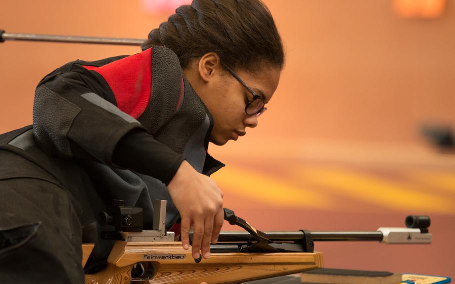 Vilseck's Shardez Smith gets ready to fire during the 2016 DODDS-Europe marksmanship finals held in Vilseck, Germany, Saturday, Jan. 30, 2016.