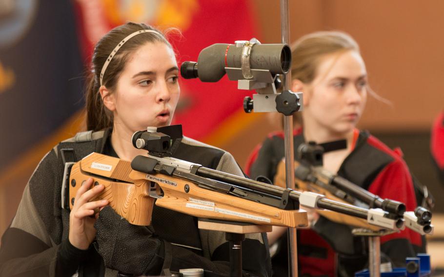 Wiesbaden's Olivia Stecker checks her shot placement during the 2016 DODDS-Europe marksmanship finals held in Vilseck, Germany, Saturday, Jan. 30, 2016. Stecker was Wiesbaden's best shooter with a 274.