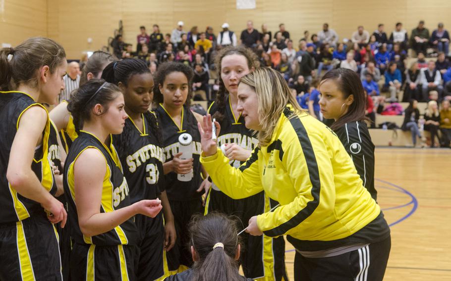 Stuttgart coach Melody Green addresses her team during a girls' varsity basketball game against Wiesbaden on Friday, Feb. 5, 2016 in Wiesbaden, Germany. Stuttgart triumphed 45-10 off of a strong defensive effort.