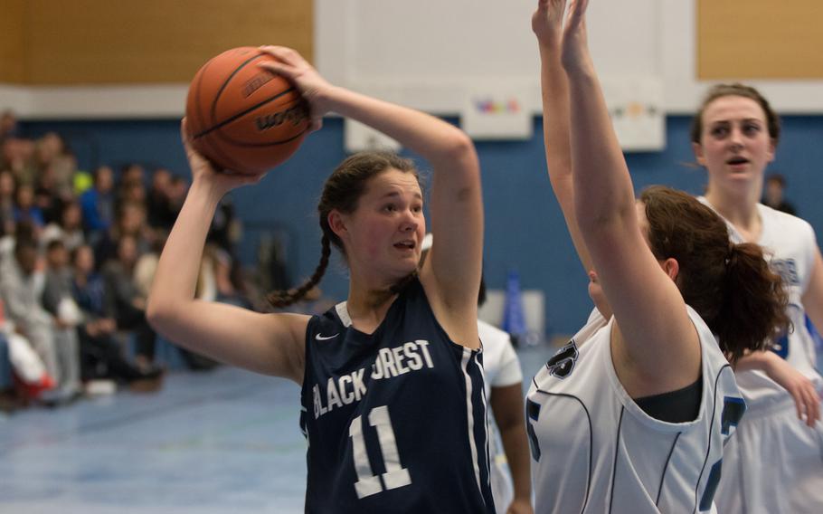 Black Forest Academy's Katie Greathouse scored 11 points in the FalconsÕ  43-3 win over the Hohenfels Tigers during the penultimate meeting between the two teams at Hohenfels, Friday, Feb. 19, 2016.