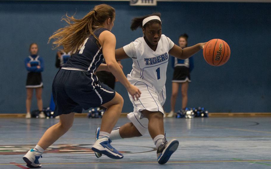 Hohenfels' Tayah Curry scored the only points during the Tigers' 43-3 loss to the Black Forest Academy Falcons during an end-of-the-season meeting between the two teams at Hohenfels, Friday, Feb. 19, 2016. 