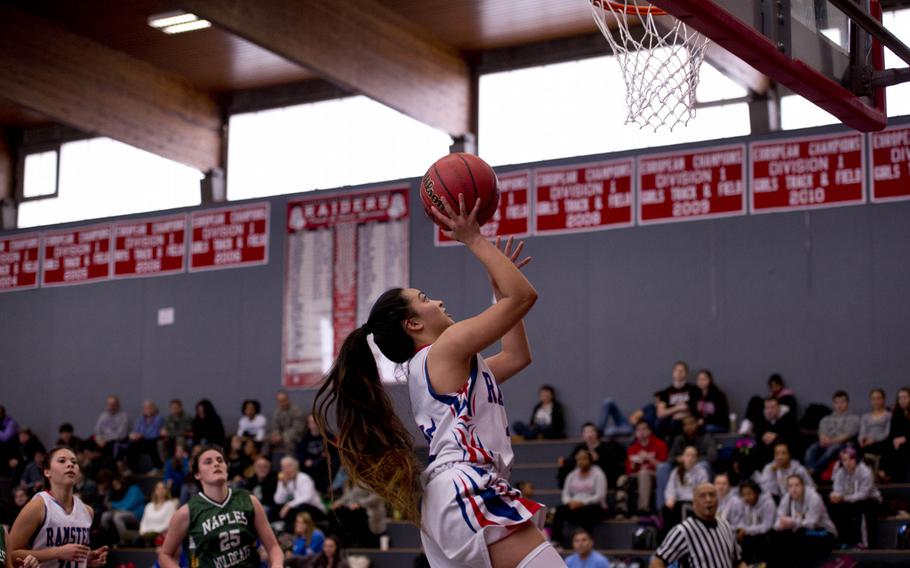 Ramstein's Ashley Mateo attempts a layup during opening day of the DODDS-Europe basketball championships at Vogelweh, Germany, Wednesday, Feb. 24, 2016. Ramstein won the Division I game against Naples 52-13.