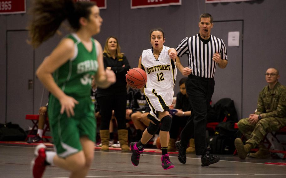 Stuttgart's Marissa Encarnacion calls a play during a Division I game on opening day of the DODDS-Europe basketball championships at Vogelweh, Germany, Wednesday, Feb. 24, 2016. Stuttgart beat SHAPE 42-14.