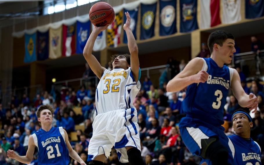 Ansbach's Giancarlo Solito takes a shot during the DODDS-Europe Division III championship game in Wiesbaden, Germany, Saturday, Feb. 27, 2016. Ansbach lost 41-38. 