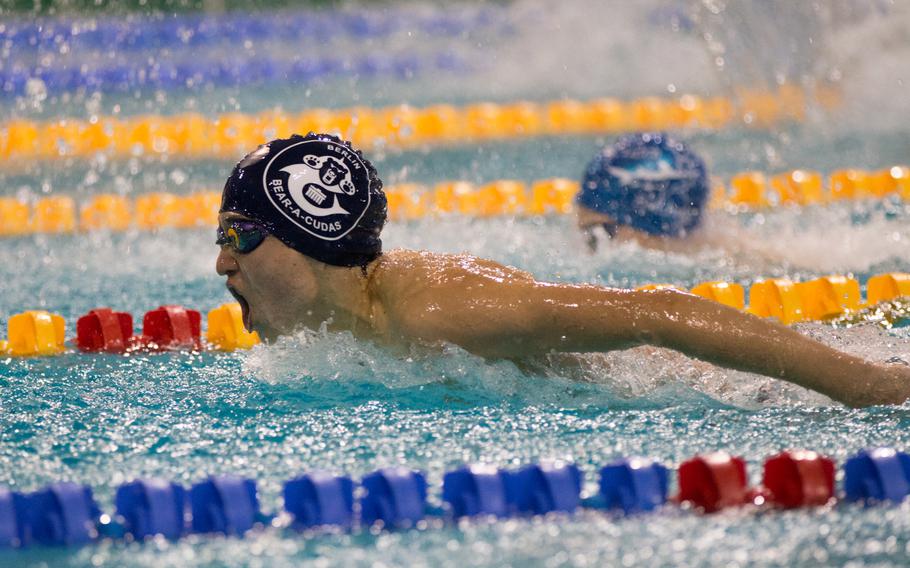 Berlin's Kenji Zaharchuk topped the first heat of the boys' 13-14-year-old 100-meter butterfly during the 2016 European Forces Swim League Championship held in Eindhoven, Netherlands, Saturday, Feb. 27, 2016. Zaharchuk finished with a time of 1:07.59.