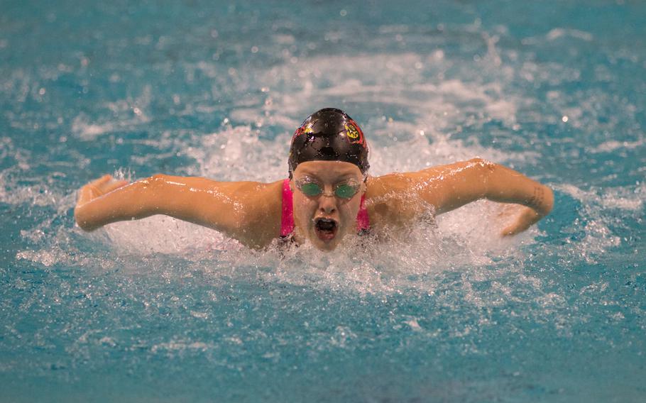 Stuttgart's returning champion swimmer, Ella Bathurst, set a new record in the girls' 12-year-old 50-meter butterfly at the 2016 European Forces Swim League Championship held in Eindhoven, Netherlands, Saturday, Feb. 27, 2016. Bathurst finished with a time of 0:31.59.