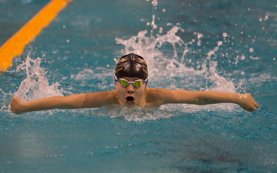 SHAPE's Maxime Moratona took his heat of the boys' 9-year-old 50-meter butterfly with a final time of 0:41.23. Moratona was one of nearly 500 swimmers who converged on Eindhoven, Netherlands for the first day of the 2016 European Forces Swim League Championship, Saturday, Feb. 27, 2016.