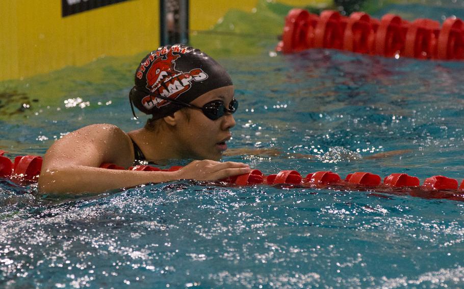 Stuttgart's Ariana Lewis broke a minute in the girls' 100-meter freestyle by a fraction of a second, finishing with a time of 0:59.9 in one of the early events of the European Forces Swim League Championship held in Eindhoven, Netherlands, Saturday,  Feb. 27, 2016. 