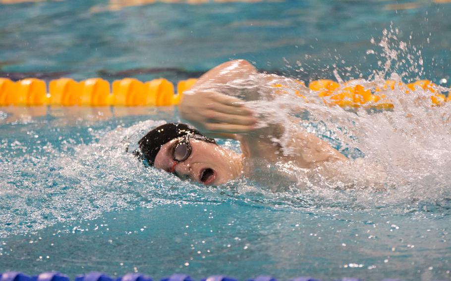 Wiesbaden's C.J. Simmons finished the boys' 13-14 year-old 100-meter freestyle with a time of 1:06.06 during the 2016 European Forces Swim League Championship held in Eindhoven, Netherlands, Saturday, Feb. 27, 2016. 