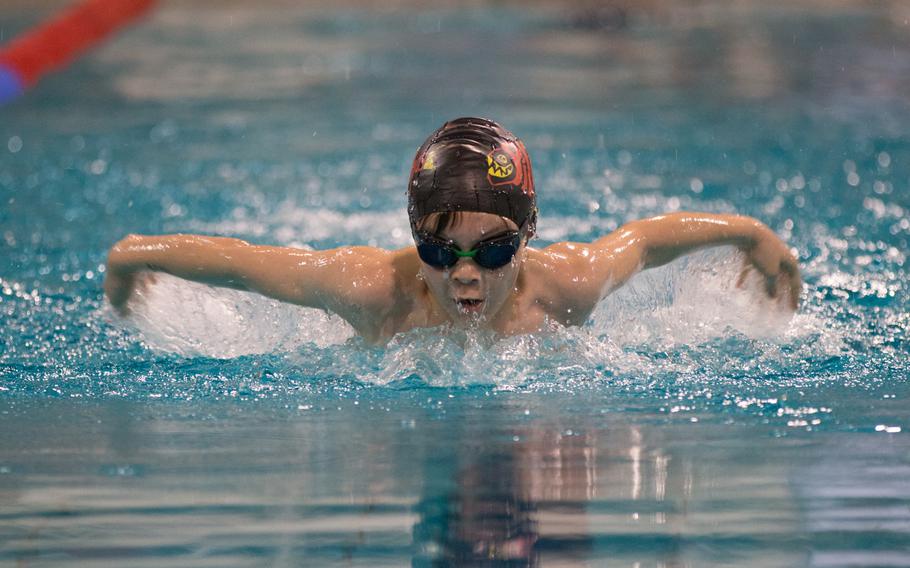 Stuttgart's Teddy Benard won the boys' 8-and-under 100-meter medley during the 2016 European Forces Swim League Championship with a time of 1:36.95. Benard and more than 480 other swimmers convened on Eindhoven, Netherlands, to compete in the championships, Saturday, Feb. 27, 2016. 