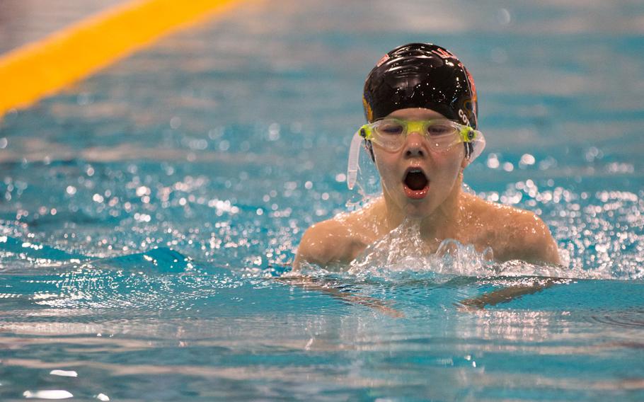 Benjamin Cottrill, a Lakenheath swimmer, competes in the boys' 8-and-under 100-meter medley during the 2016 European Forces Swim League Championship in Eindhoven, Netherlands, Saturday, Saturday, Feb. 27, 2016. Cottrill finished with a time of 1:50.12. 