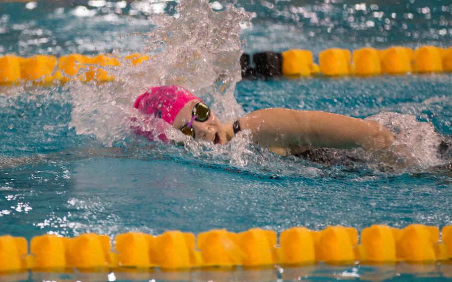 Geilenkirchen's Hylcke de Beer, a returning champion in the girls 8-and-under 100-meter individual medley, won the opening event of the 2016 European Forces Swim League Championship in Eindhoven, Netherlands, with a time of 1:26.16, Saturday Feb. 27, 2016. De Beer finished that event more than 17 seconds ahead of the second-place finisher. 