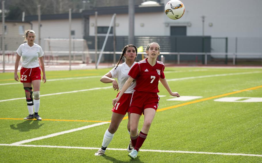 Kaiserslautern's Grace Adcock, right, and Lakenheath's Jasmine Lopez go for the ball in Kaiserslautern, Germany, on Saturday, March 26, 2016. Kaiserslautern won the game 6-1.